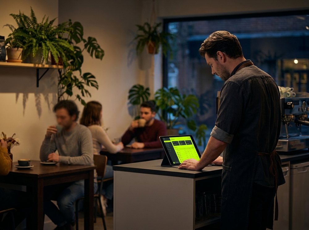 Barista checking the crew dashboard in an independent cafe