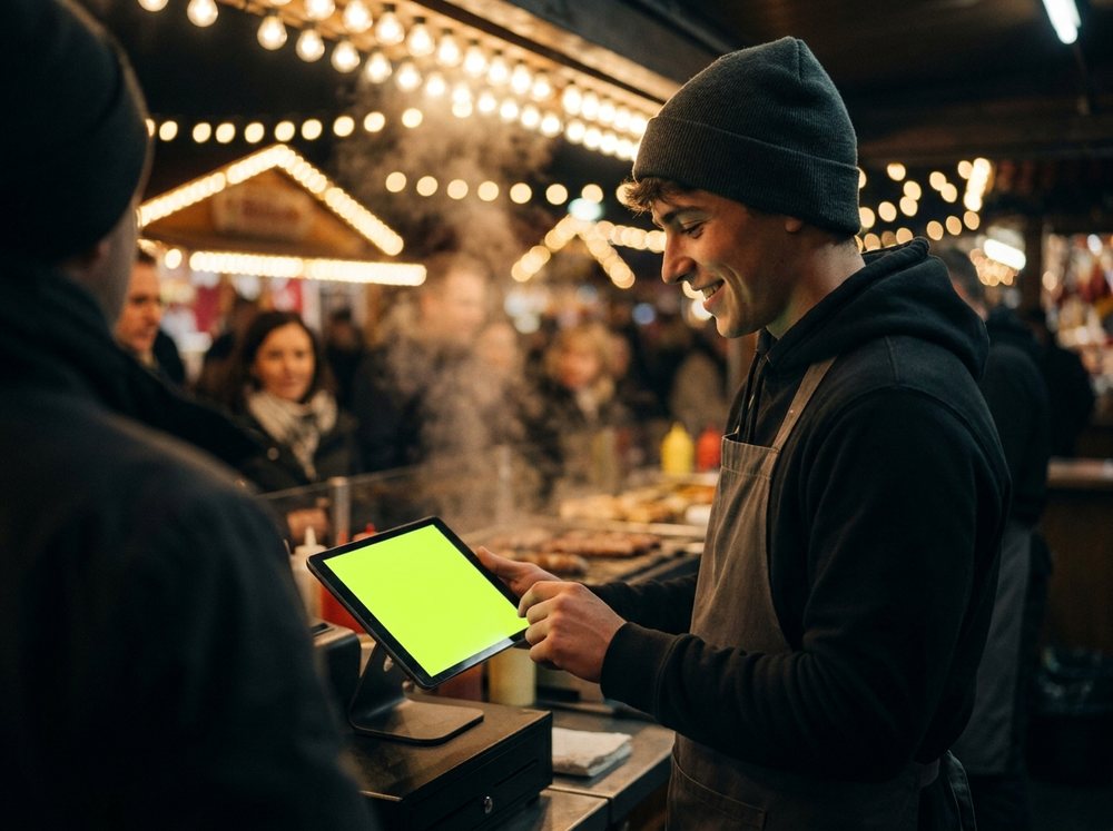 Worker taking an order on a tablet at a fair food stand