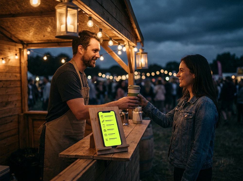 Vendor serving a customer at a pop-up festival booth