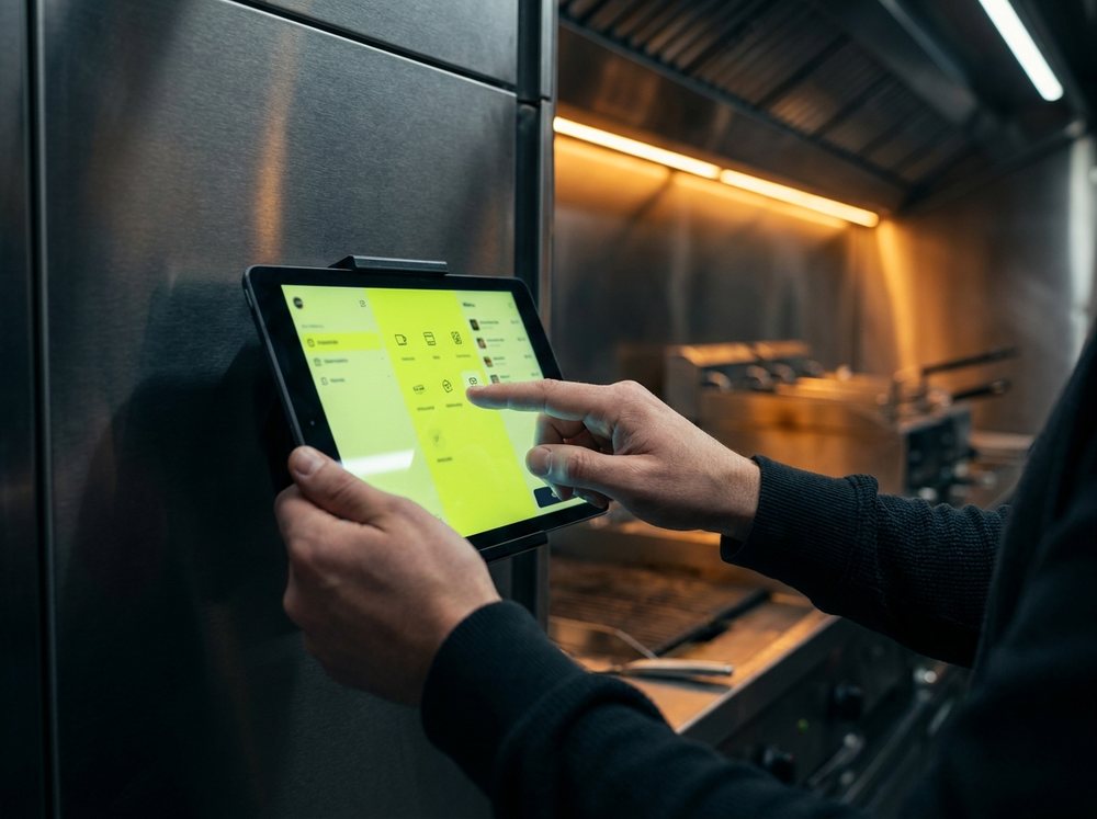 Tablet running Shiftly mounted inside a food truck