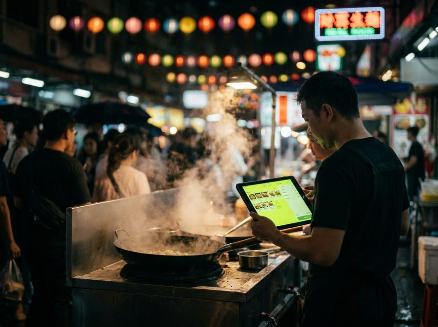 Night market food stall taking orders on Shiftly