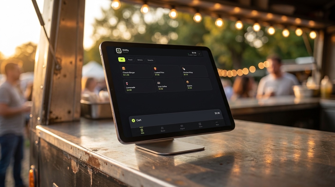The actual Shiftly point-of-sale running on a tablet at a food-truck window